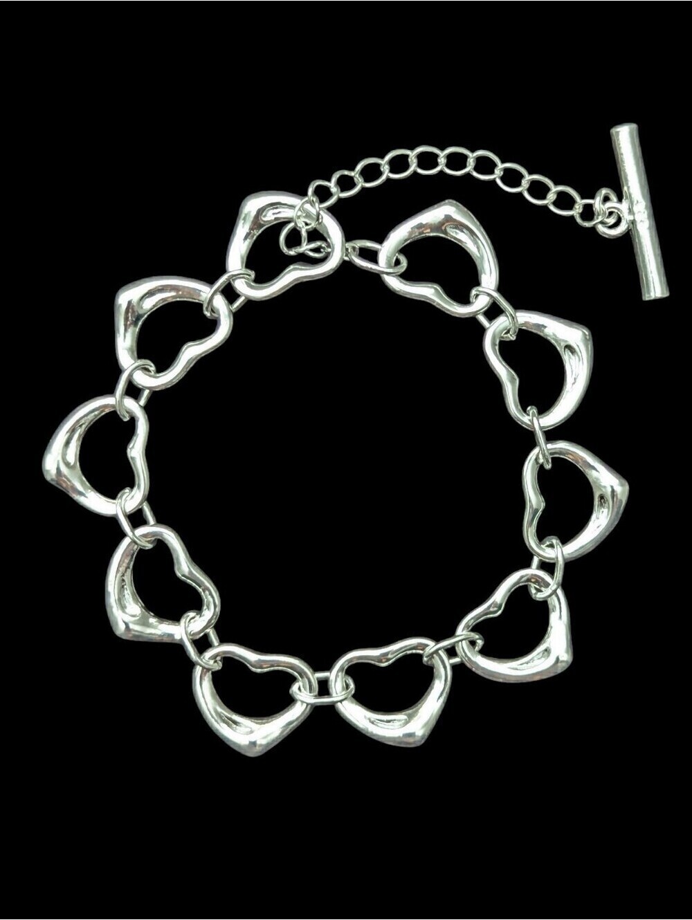 Sterling Silver 925 Open Heart Link Toggle Bracelet Love Romantic Gift Valentine